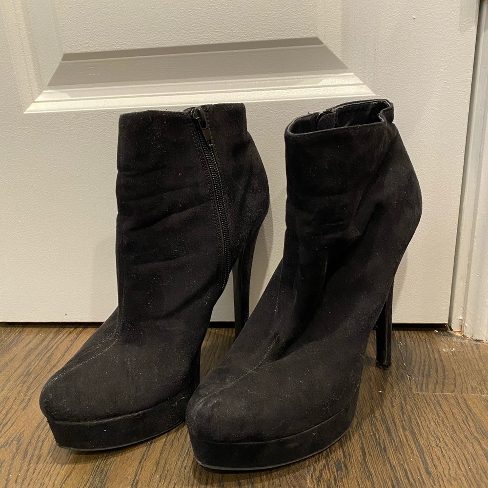 Black heeled platform ankle booties